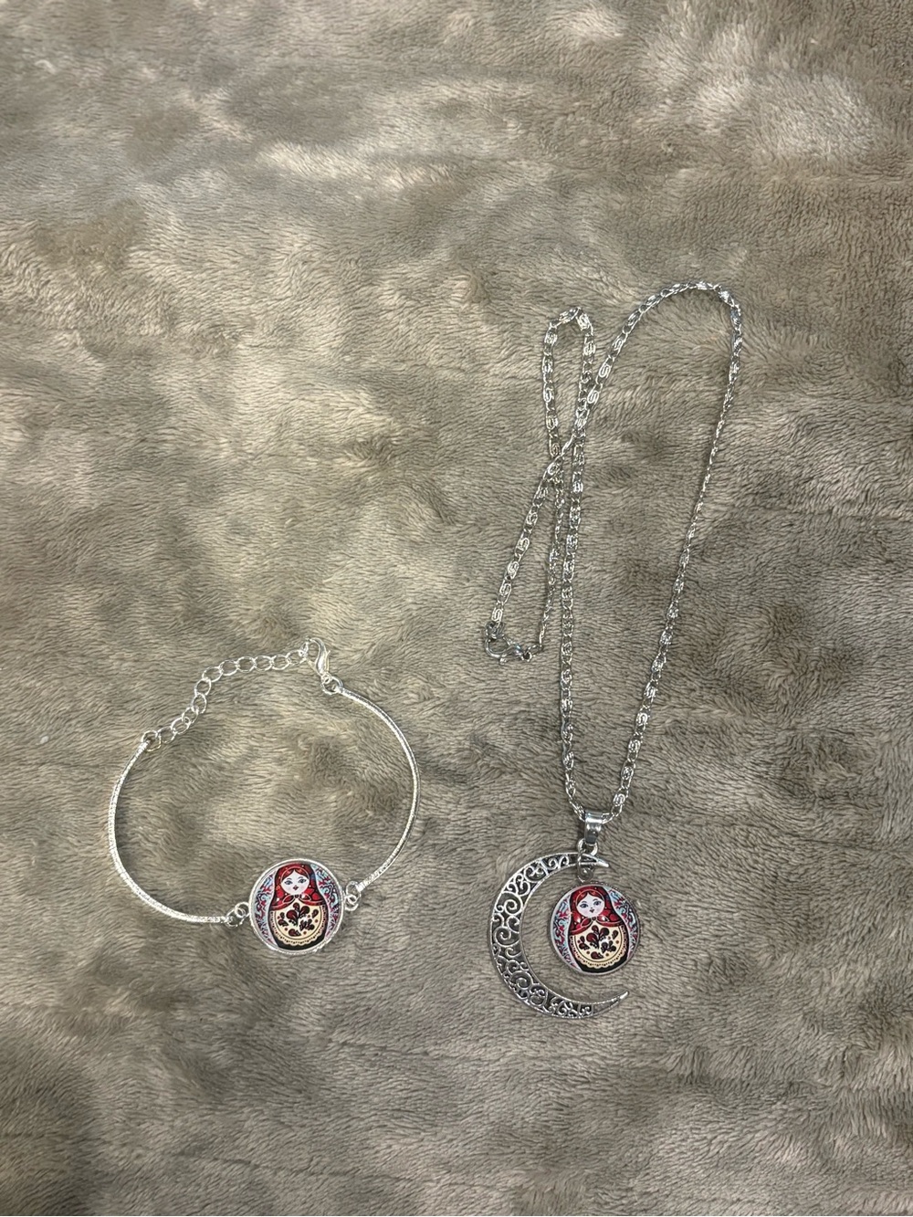 Matryoshka Pendant Necklace and Bracelet Set - Silver with Red Accents